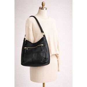 Vintage Black Leather Shoulder Bag Multi Pocket Zip Gold Hardware